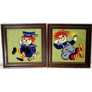 VTG Needlepoint Raggedy Anne and Andy Embroidered Picture Framed Handmade